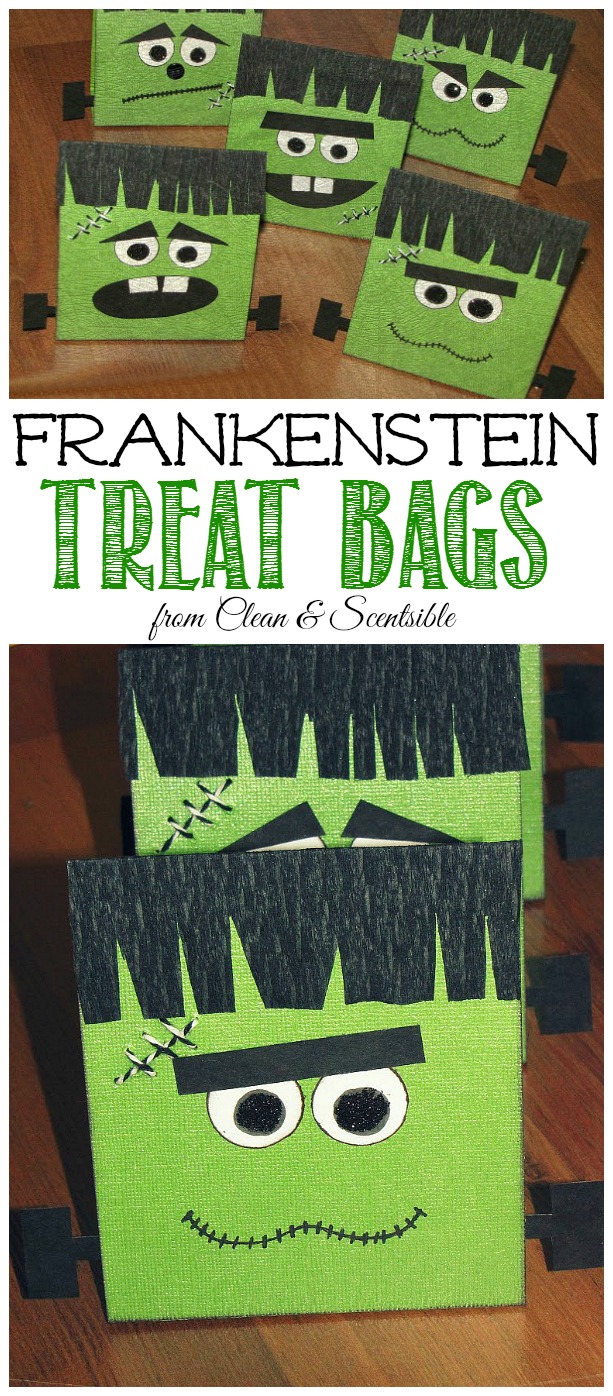 Cute Frankenstein treat bags - great for a Halloween party or fun treats!