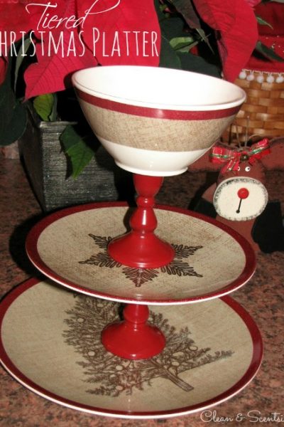 Easy DIY Tiered Christmas Platter. This would be perfect for holding dips for fruit, veggies, or crackers.