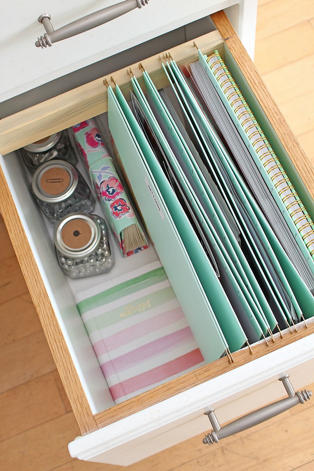 Drawer with file folders added to keep paper clutter under control.