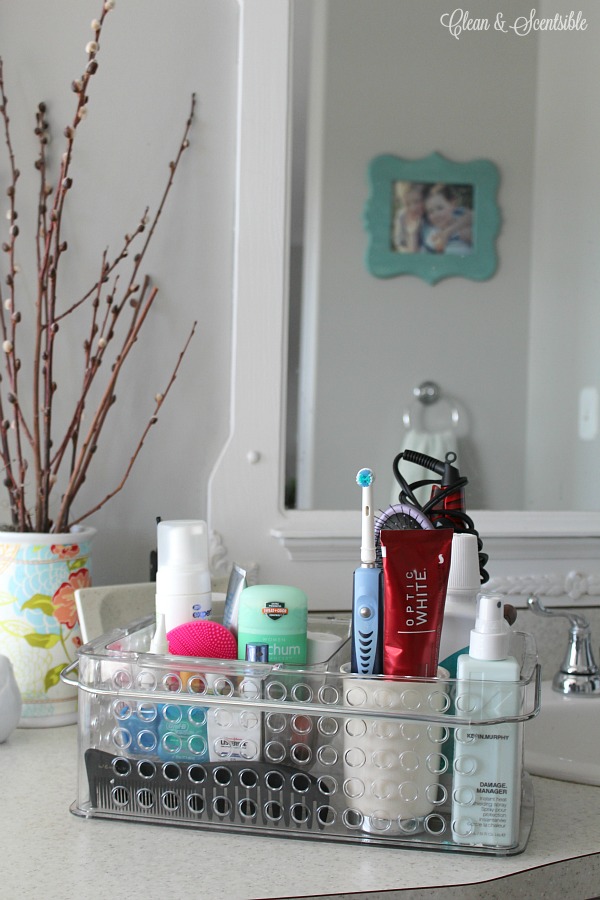 Beauty products organized in a bin.