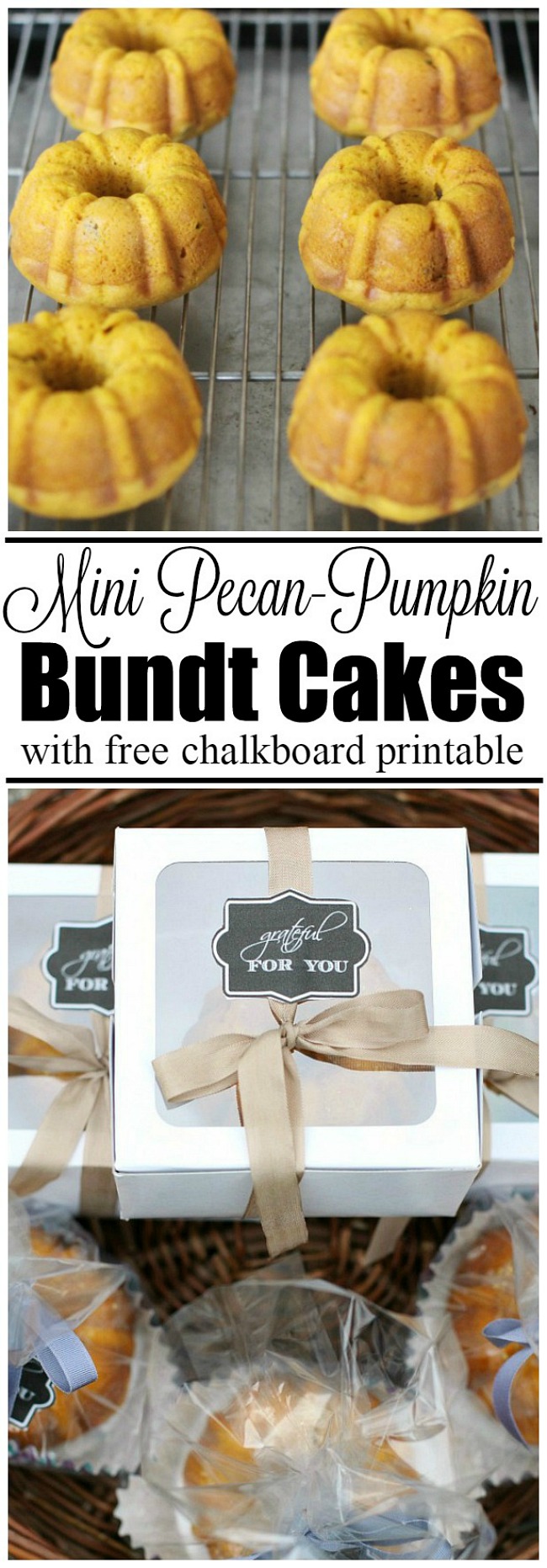 Mini pecan pumpkin bundt cakes packaged up in individual boxes with a free printable chalkboard label.