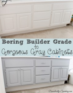 Boring Builder to Gorgeous Gray Cabinets #paint #gray #bathroomcabinets