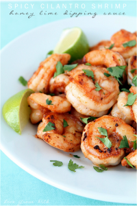 Spicy Cilantro Shrimp with Honey Lime Dipping Sauce - a flavorful, healthy meal you can have ready in under 10 minutes! You'll love the combination of spicy shrimp with the honey lime sauce! at LoveGrowsWild.com #shrimp #recipe #dinner