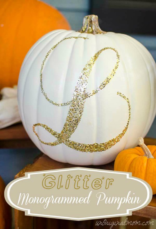 Glitter monogrammed pumpkin and other pumpkin decor and recipe ideas.