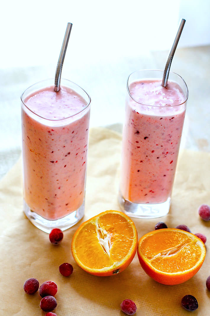 Frozen cranberry and orange healthy Christmas smoothie.