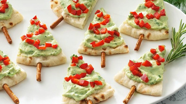 Pita Christmas tree appetizers for a Christmas party.