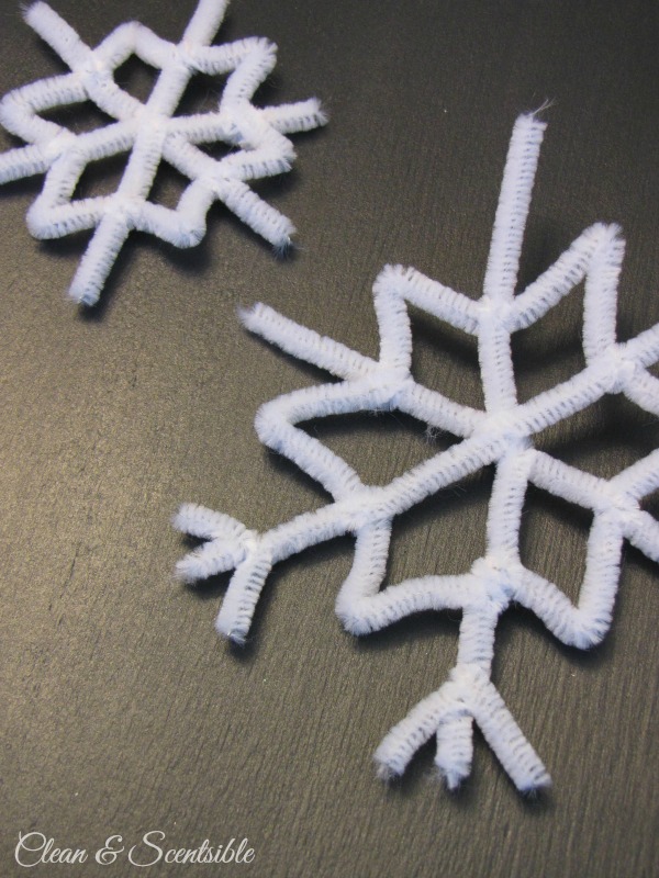 Frosted pipe cleaner snowflakes.