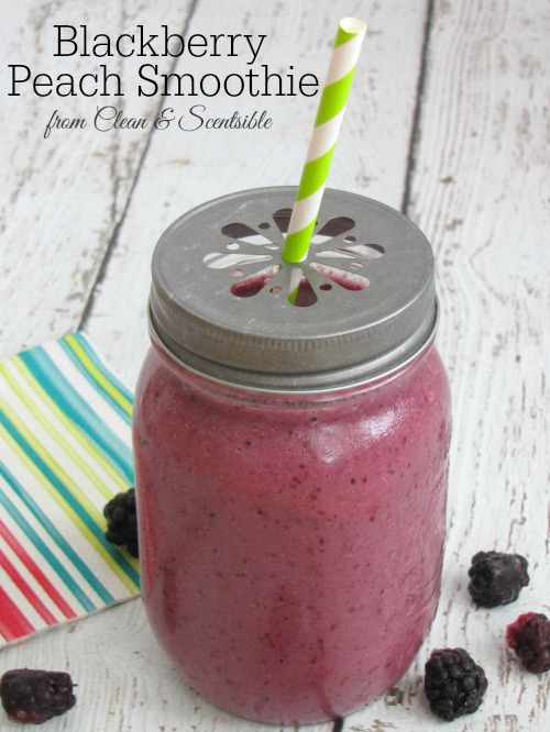 Blackberry Peach Smoothie.  Not too sweet and packed with nutrients.