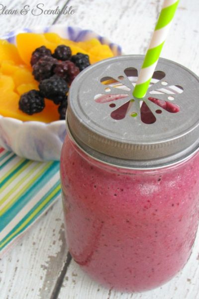 Blackberry Peach Smoothie. You can always substitute other berries too but the blackberries provide a nice tart taste so it is not too sweet.
