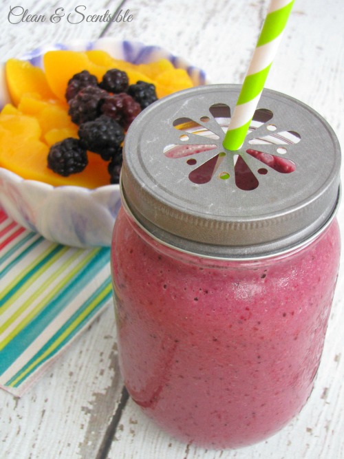 Blackberry Peach Smoothie.  You can always substitute other berries too but the blackberries provide a nice tart taste so it is not too sweet.  