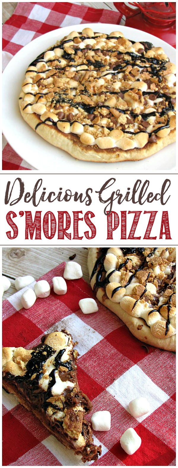 Grilled s'mores pizza. Refrigerated pizza dough grilled on the BBQ and topped with nutella, marshmallows, graham crackers and drizzled with chocolate sauce.