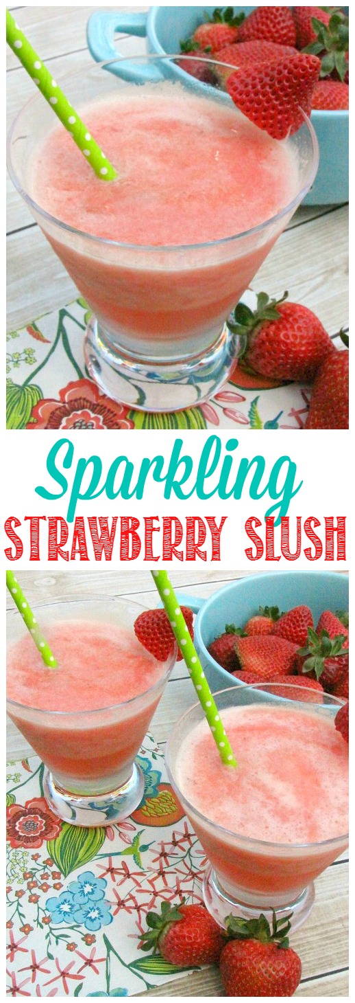This frozen sparkling strawberry slush makes the perfect summer drink! Easy to make up in large batches for summer parties and BBQs!