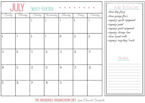 July Calendar for the Household Organization Diet - get your garage cleaned and organized!
