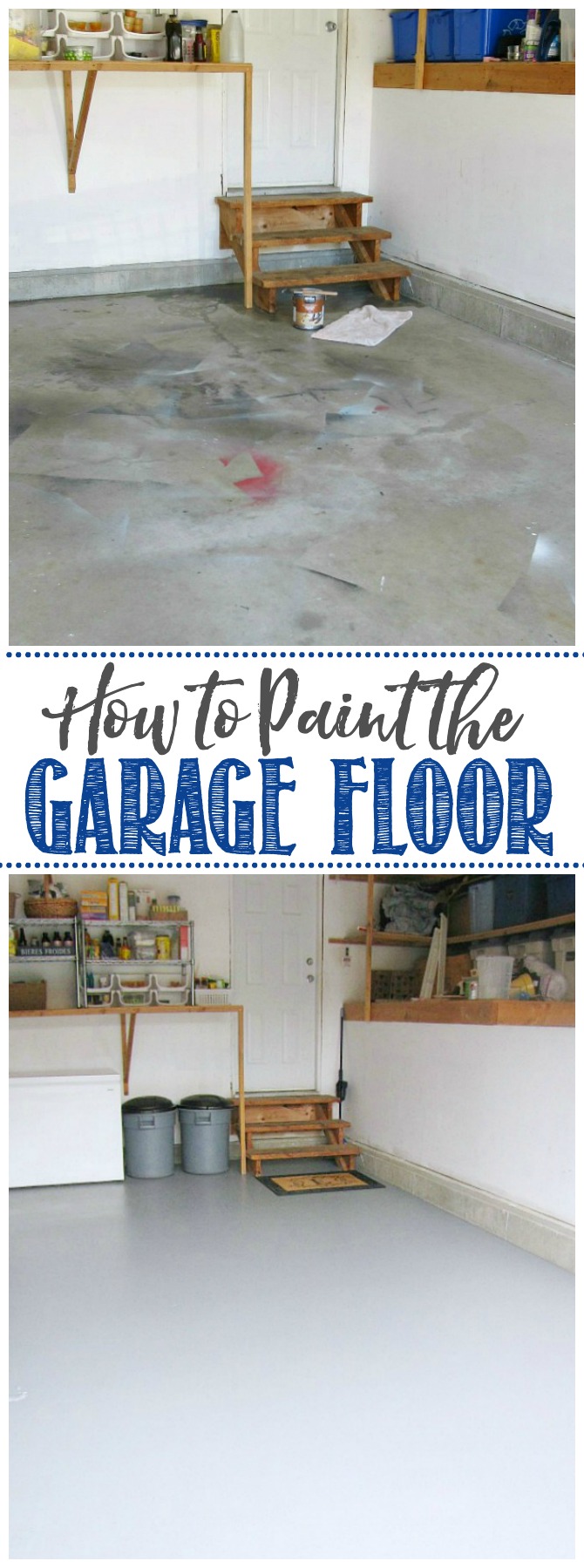 Before and after photos of a painted garage floor.