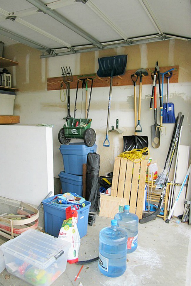 Messy garage before organizing.