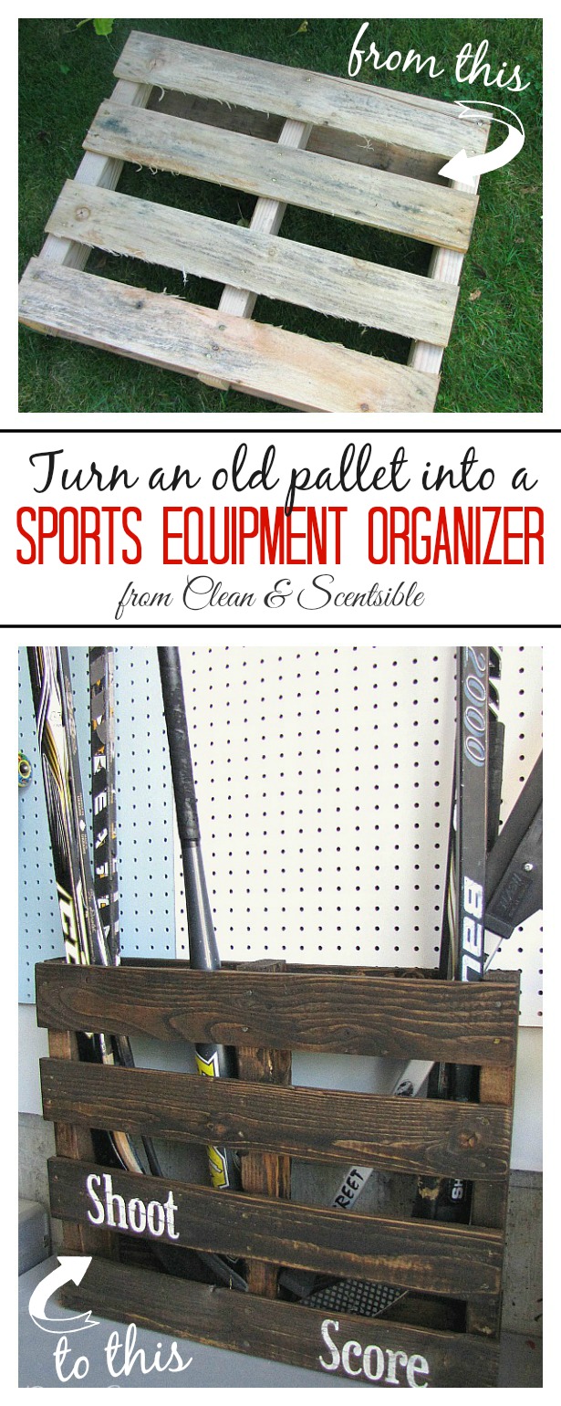 Turn an old pallet into a sports equipment organizer.  Free and easy storage!  // cleanandscentsible.com