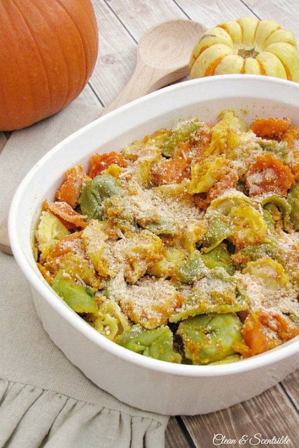 Delicious baked tortellini with a creamy pumpkin sauce.