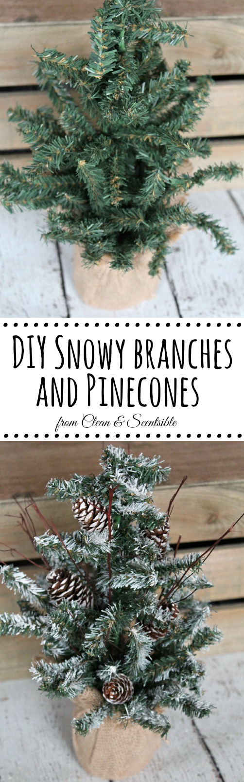 Transform a plain, inexpensive tree into a pretty snow covered tree with glittered pine cones. // cleanandscentsible.com