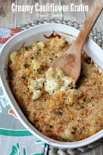 Creamy cauliflower gratin. Makes a perfect side dish for family dinners or holiday gatherings! // cleanandscentsible.com