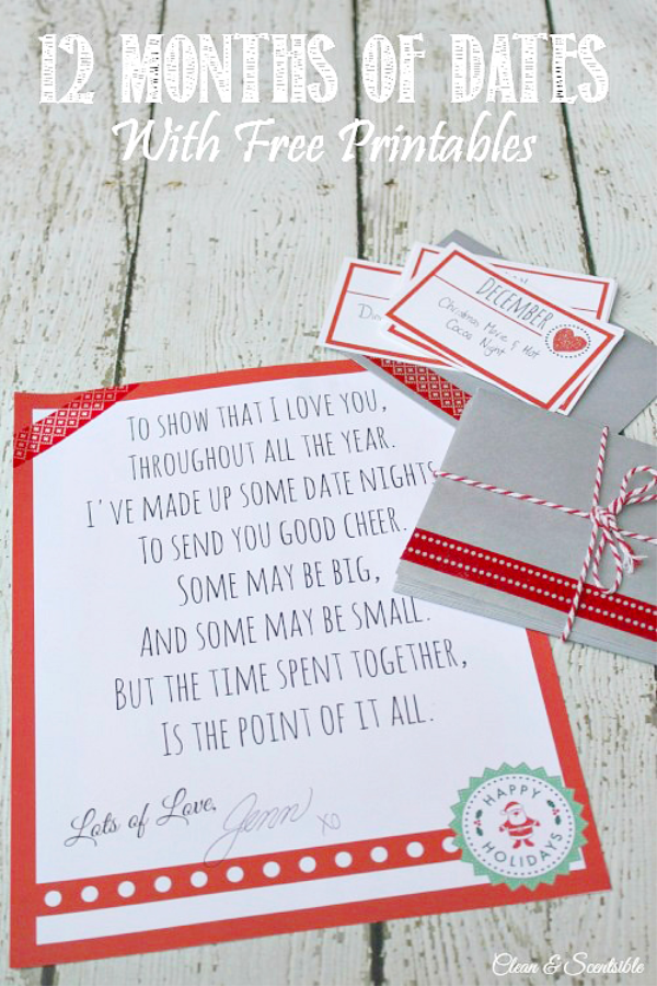 12 months of dates Christmas gift idea with free printable poem and monthly gift cards.