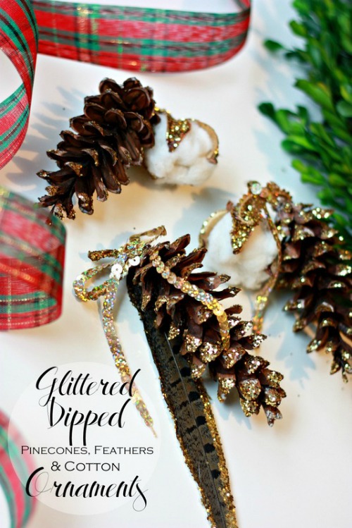 Glittered dipped pinecones, feathers, and cotton ornaments. So easy and basically free!