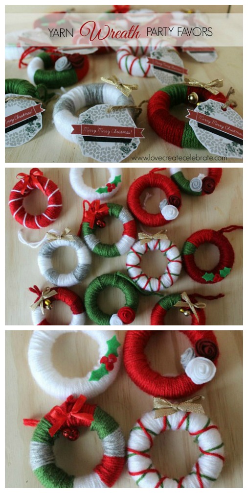 Simple yarn wreath party favors to use as ornaments.  These would also be cute as present toppers!