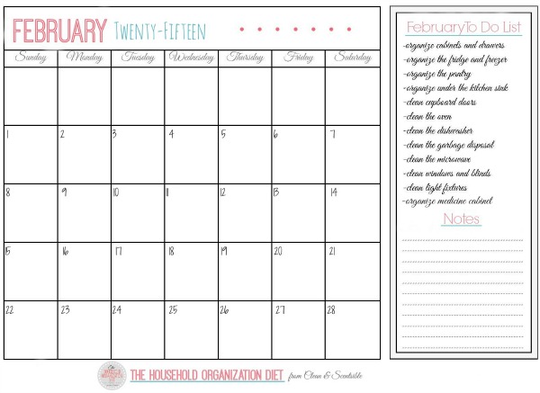 February Cleaning Calendar and To Do list to get your kitchen cleaned and organized! Part of The Household Organization Diet. // cleanandscentsible.com