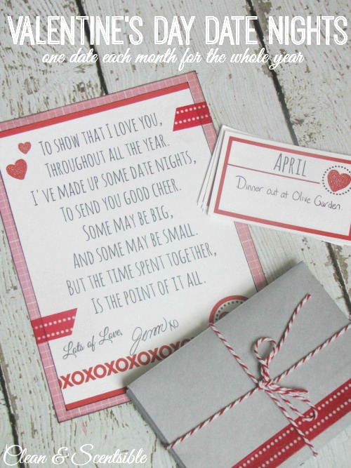 This is such a great gift idea for Valentine's Day!  Come up with 12 dates - one for each month - to do throughout the year.  Great to do with your partner or for your kids!