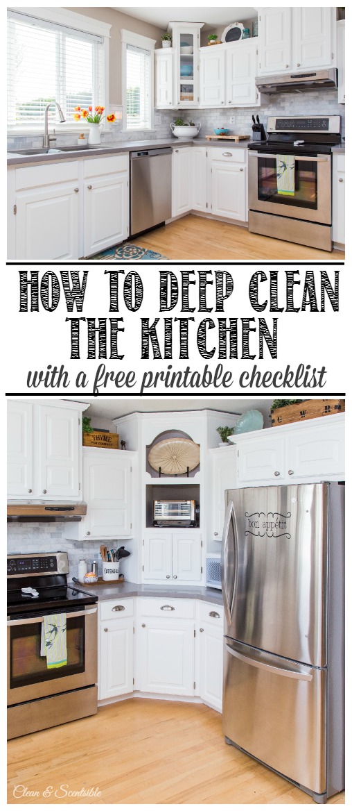 Step by step plan to help you deep clean your kitchen. Free printable included. //cleanandscentsible.com