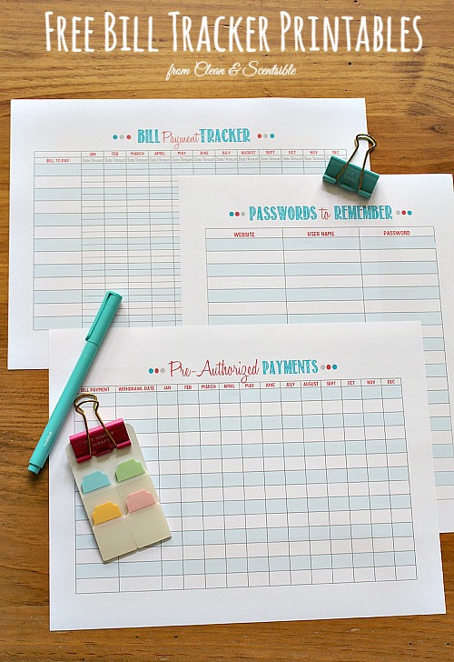 Lots of great tips to keep up with your bill payments including these free printables.  Great for a family binder! // cleanandscentsible.com