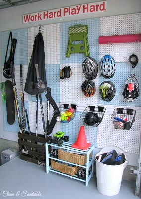 Garage Pegboard Organizer - This is such a great way to keep all of that sports gear organized and off the floor!
