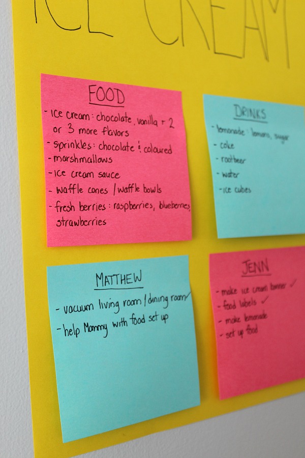 Create a party planning board using post-it notes to plan grocery list, party supplies, and to-do lists. Add to it as you think of new ideas and then just grab it when you are ready to head down to the store!