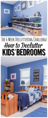 Great tips for getting those kids' bedrooms decluttered and organized. Part of The Six Week Decluttering Challenge.