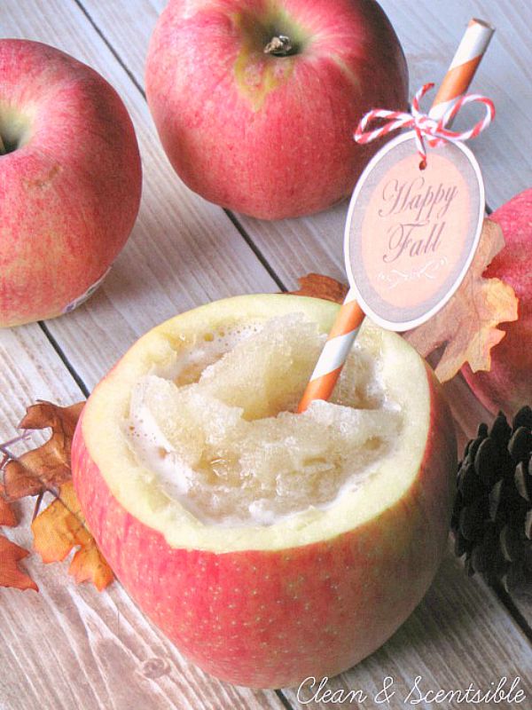 Apple cider slushie served in a hollowed out apple.