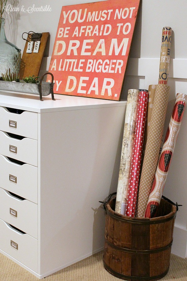 Gift wrapping station and storage ideas. Perfect for storing all of those little things that you don't know where to put!