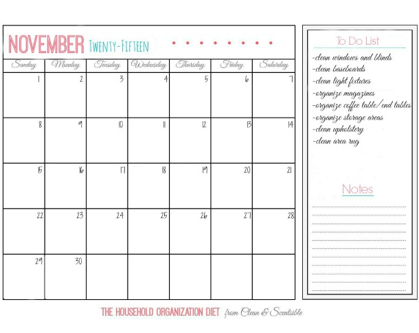 November calendar for the Household Organization Diet.