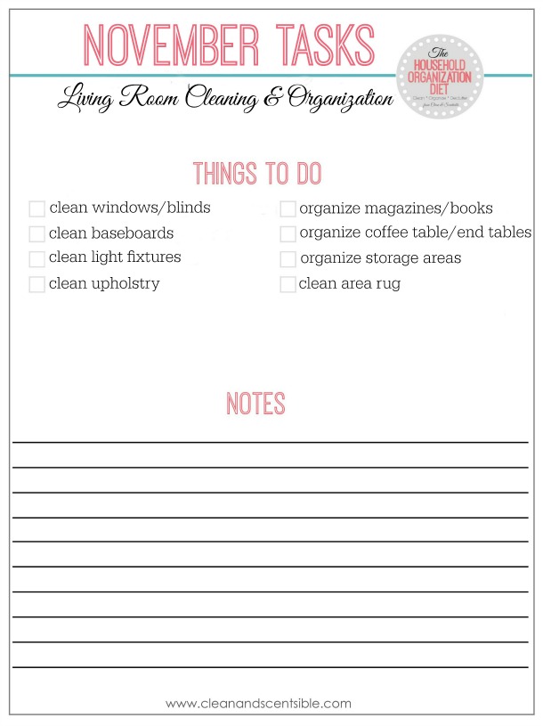 Follow this month long plan to get your living room cleaned and organized from top to bottom! Free printables included.