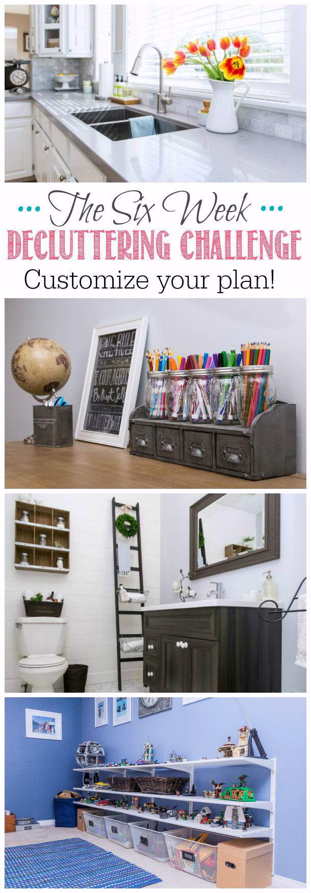Take 6 weeks to declutter and organize all of the major spaces in your home. Lots of organizational tips and ideas about where to start along with free printables to customize your plan!