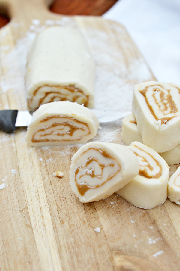 Old fashioned peanut butter pinwheels sliced into candy pieces.