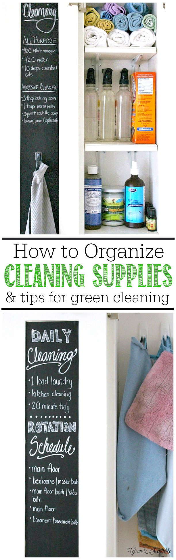 How to organize cleaning supplies and tips for green cleaning.