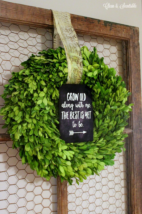 "Grow Old Along with Me" free chalkboard Valentine's Day printable displayed on a wreath.