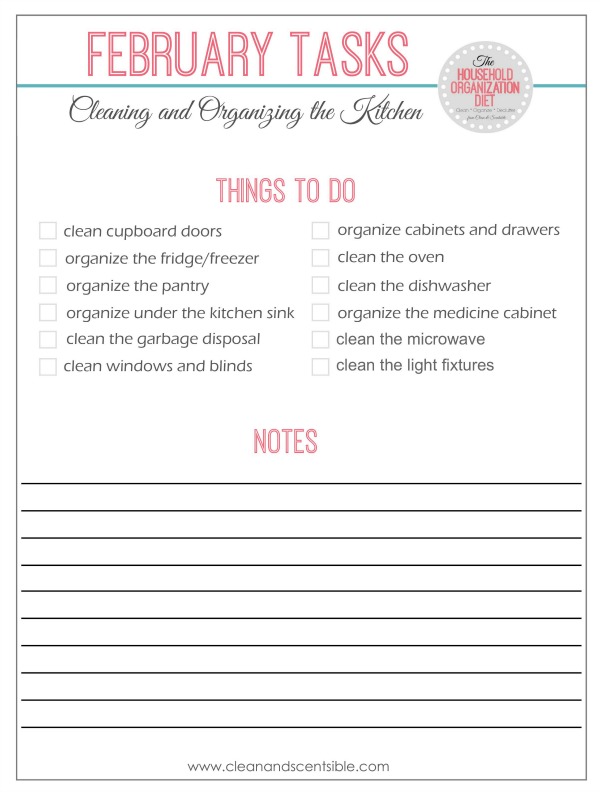 Step by step printable checklist to clean and organize the entire kitchen.