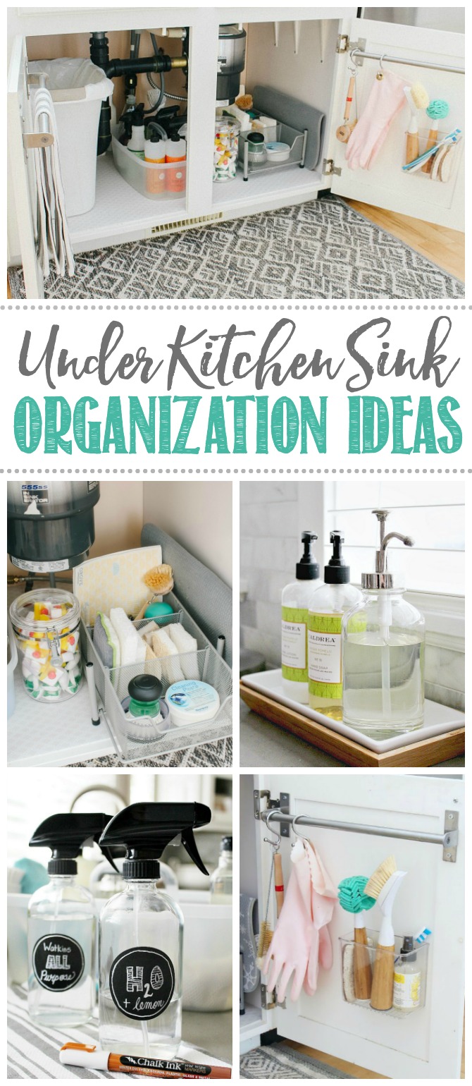 Collage of ideas to organize under the kitchen sink.