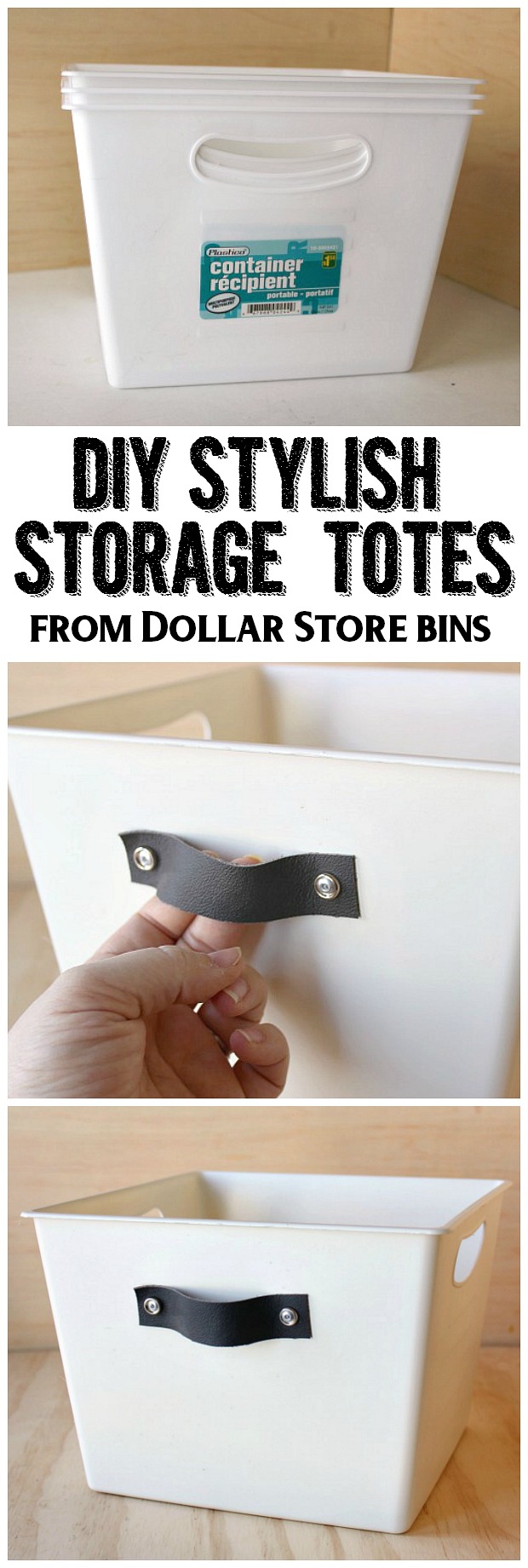 Dress up those boring dollar store bins with this easy tutorial for stylish DIY storage totes. Perfect for front entry storage, toy storage, pantry storage and more!