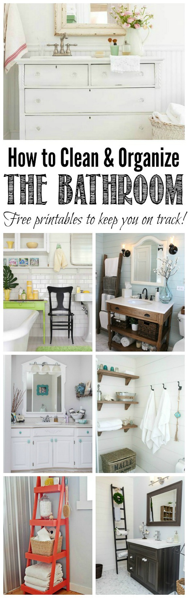 Everything you need to clean and organize the bathroom - cleaning tips, organization ideas, and free printables to keep you on track! Part of The Household Organization Diet.