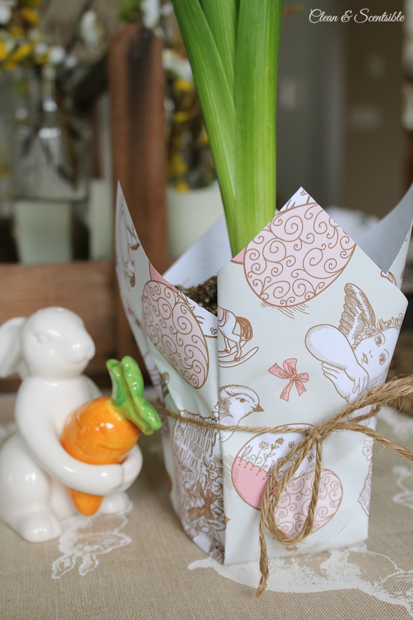 Cute Easter planter with free printable wrapping paper. This would make a great hostess gift or looks beautiful for some Easter decor.