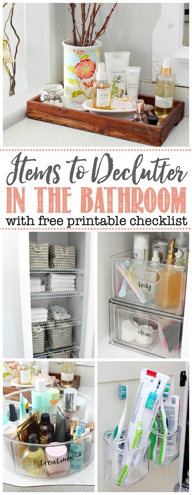 Items to Declutter from the Bathroom with a collage of organized bathroom spaces.
