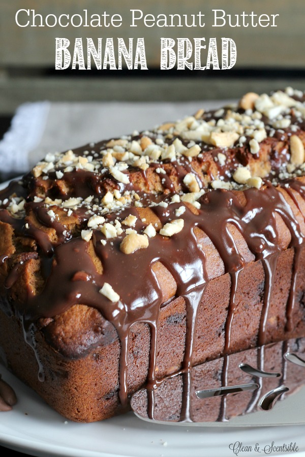 Chocolate peanut butter banana bread topped with a decadent chocolate glaze and crushed nuts.