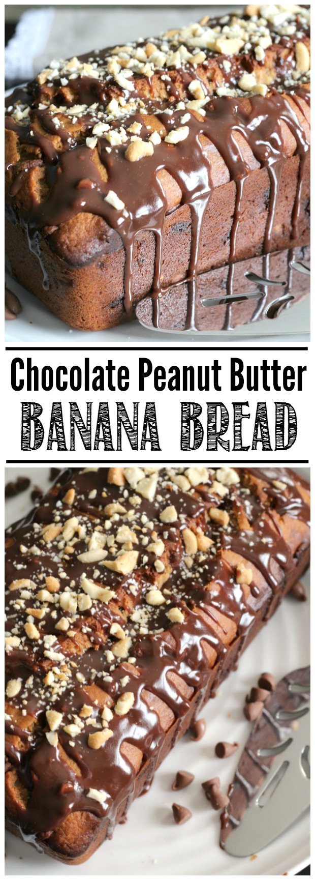 Easy chocolate peanut butter banana b0read with a chocolate glaze. My favorite banana bread recipe!