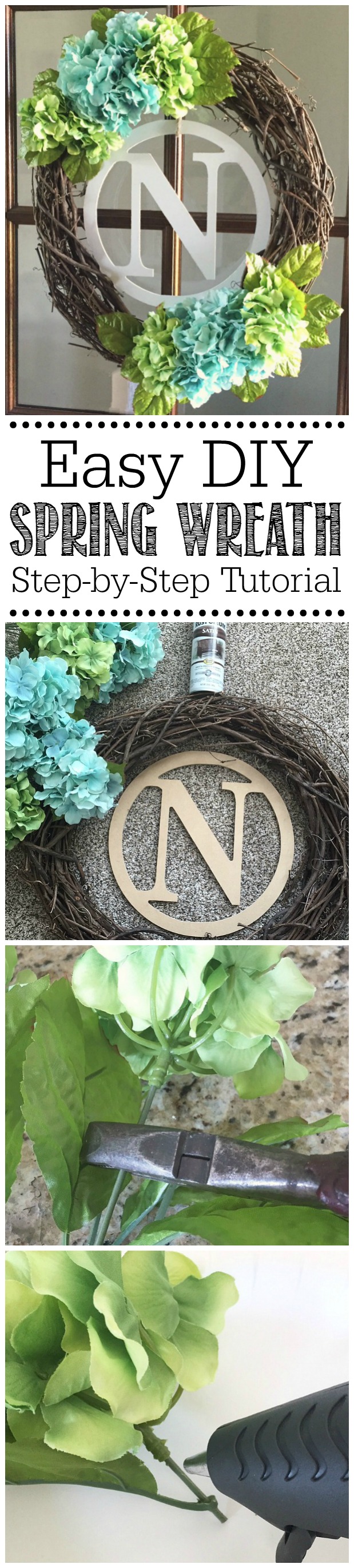 Beautiful DIY monogram spring wreath with step by step tutorial.